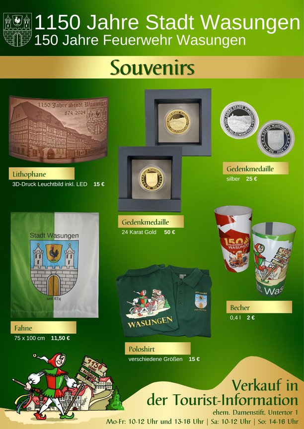 Übersicht zu Souvenirs: Leuchtbild 15 Euro, Gedenkmedaille gold 50 Euro, Gedenkmedaille silber 25 Euro, Fahne 11,50 Euro, Poloshirt 15 Euro, Becher 2 Euro
