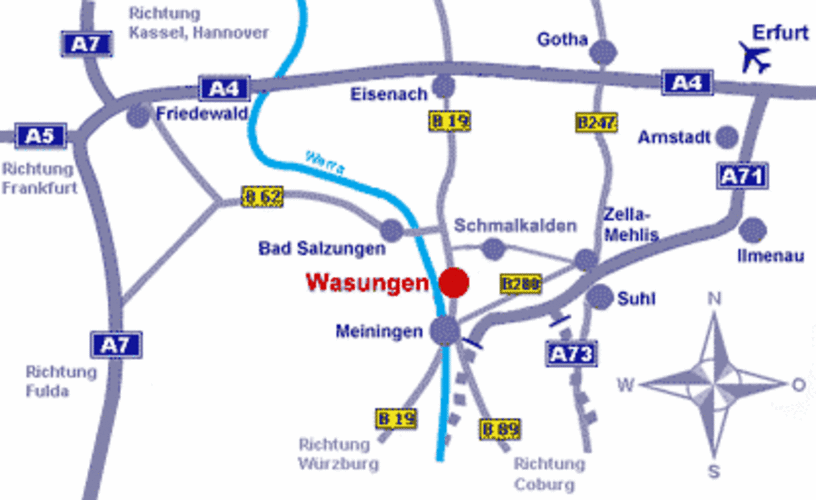 Map mit Autobahnen rund um Wasungen zur Anfahrt