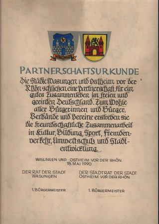 Partnerschafturkunde zwischen Wasungen und Ostheim